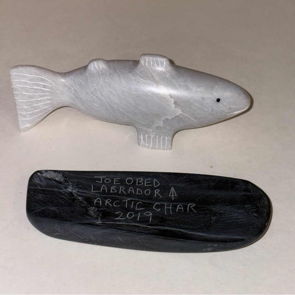 Inuit art soapstone Marble Arctic Char Fish Sculpture - Grey/Black, signed/dated